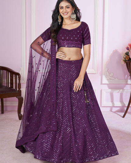 Wine Georgette Sequins Embroidered Wedding Lehenga Choli