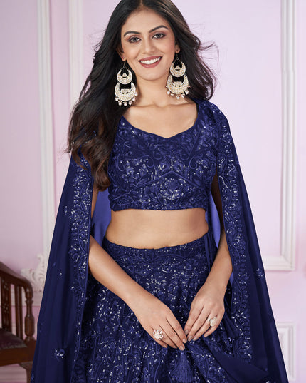 Navy Blue Georgette Sequins Embroidered Wedding Lehenga Choli