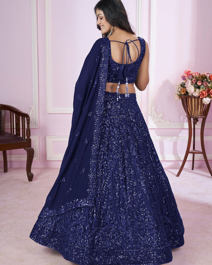 Navy Blue Georgette Sequins Embroidered Wedding Lehenga Choli