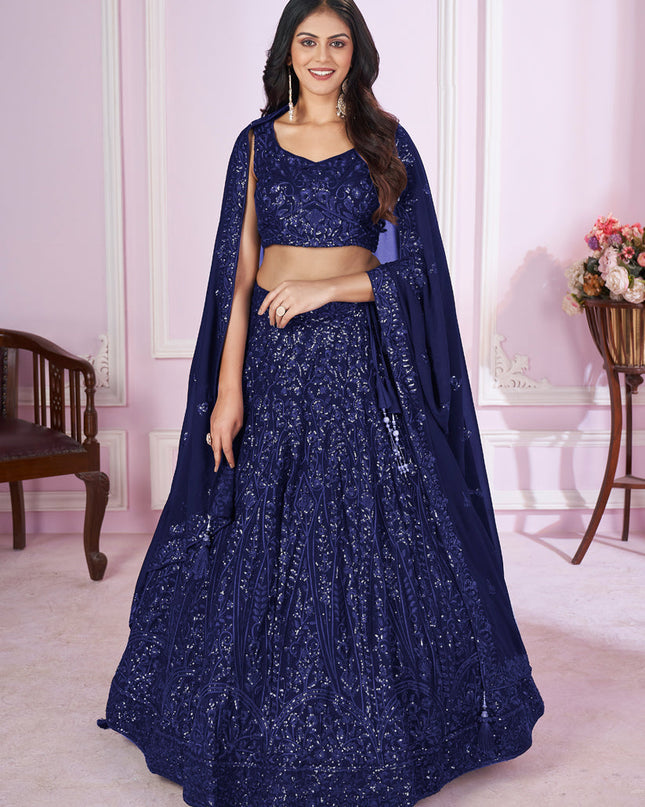 Navy Blue Georgette Sequins Embroidered Wedding Lehenga Choli