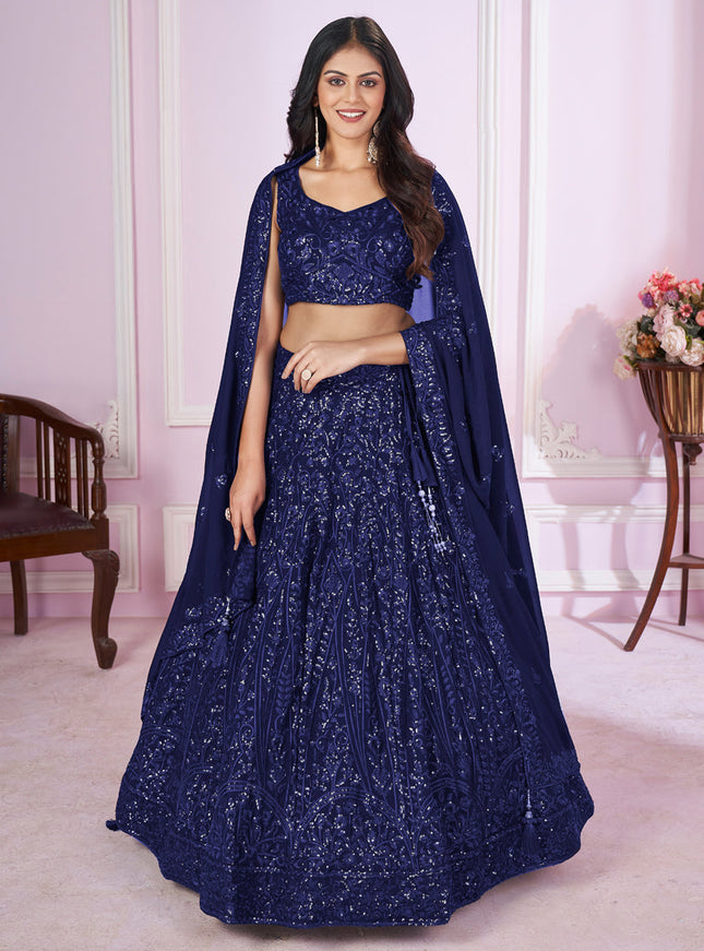 Navy Blue Georgette Sequins Embroidered Wedding Lehenga Choli