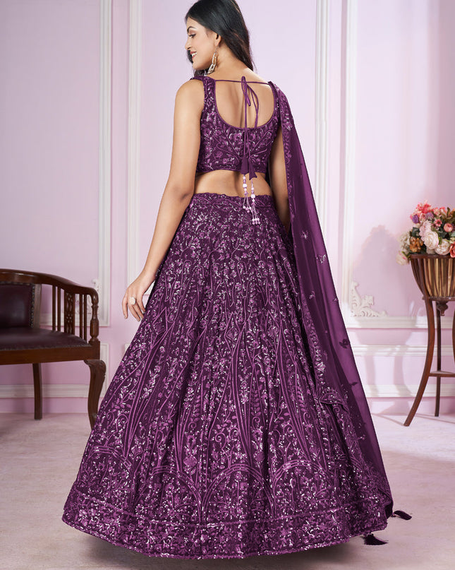 Wine Georgette Sequins Embroidered Wedding Lehenga Choli