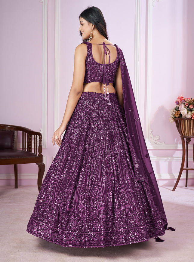 Wine Georgette Sequins Embroidered Wedding Lehenga Choli