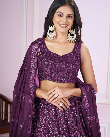 Wine Georgette Sequins Embroidered Wedding Lehenga Choli