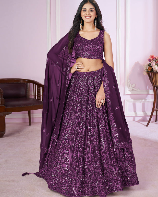 Wine Georgette Sequins Embroidered Wedding Lehenga Choli