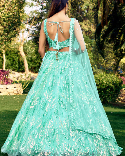Aqua Blue Soft Net Sequins work Lehenga Choli