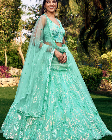 Aqua Blue Soft Net Sequins work Lehenga Choli