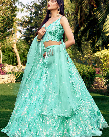 Aqua Blue Soft Net Sequins work Lehenga Choli