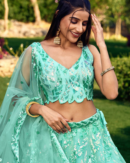 Aqua Blue Soft Net Sequins work Lehenga Choli