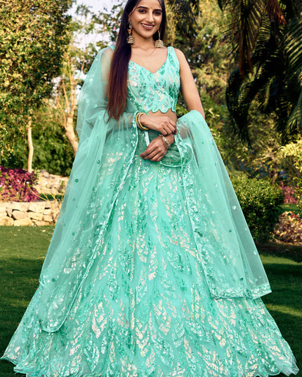 Aqua Blue Soft Net Sequins work Lehenga Choli