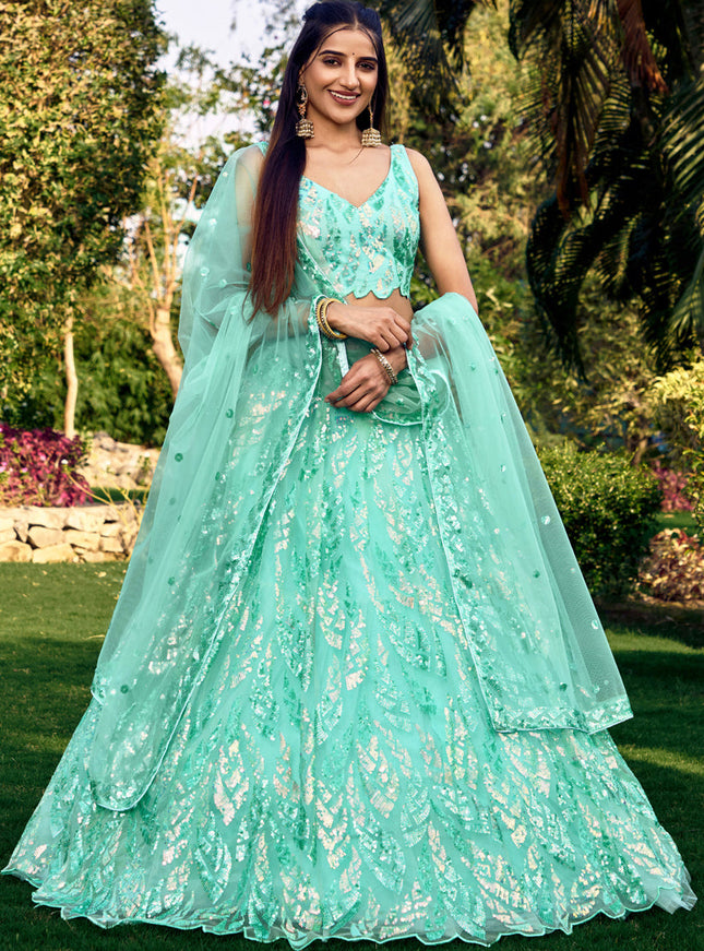 Aqua Blue Soft Net Sequins work Lehenga Choli