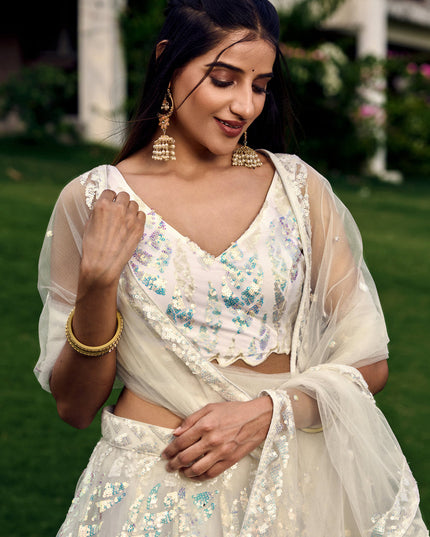 White Soft Net Sequins work Lehenga Choli