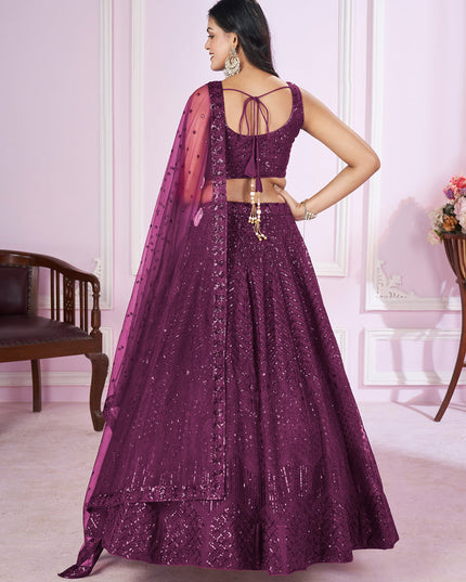 Wine Net Sequins Embroidered Wedding Lehenga Choli