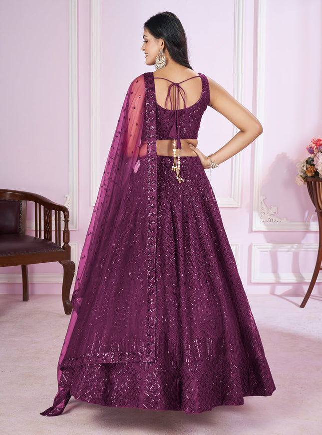 Wine Net Sequins Embroidered Wedding Lehenga Choli