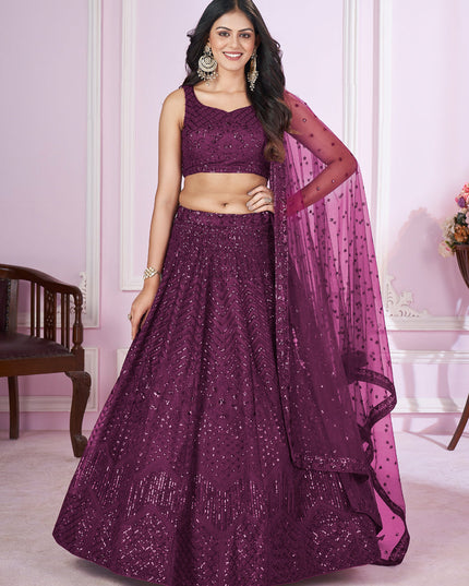Wine Net Sequins Embroidered Wedding Lehenga Choli