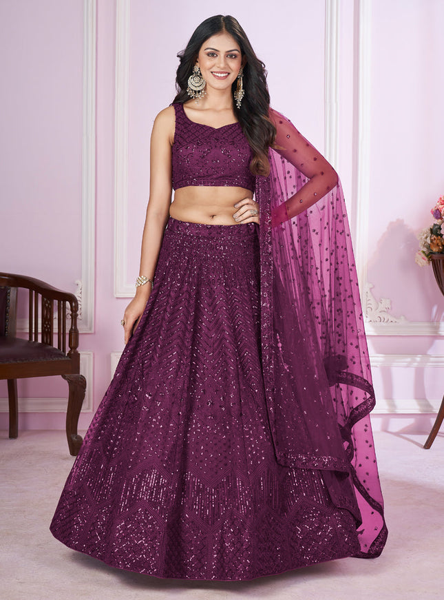 Wine Net Sequins Embroidered Wedding Lehenga Choli