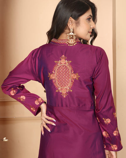 Wine Silk Embroidered Gown For Festival