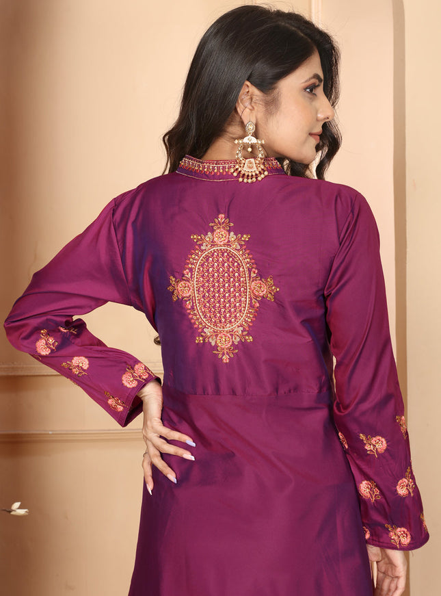 Wine Silk Embroidered Gown For Festival