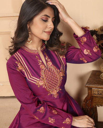 Wine Silk Embroidered Gown For Festival