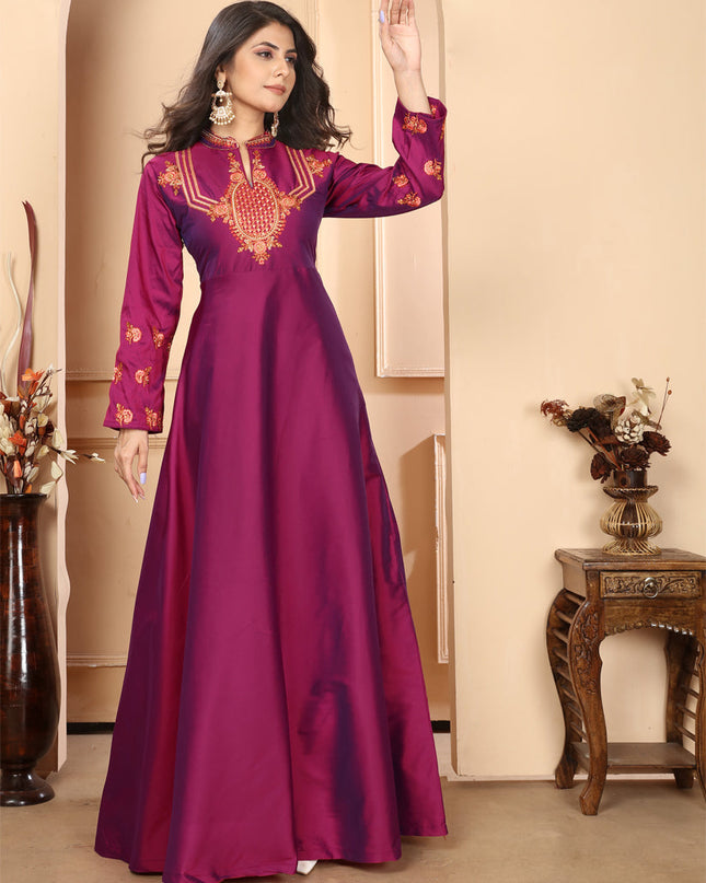 Wine Silk Embroidered Gown For Festival