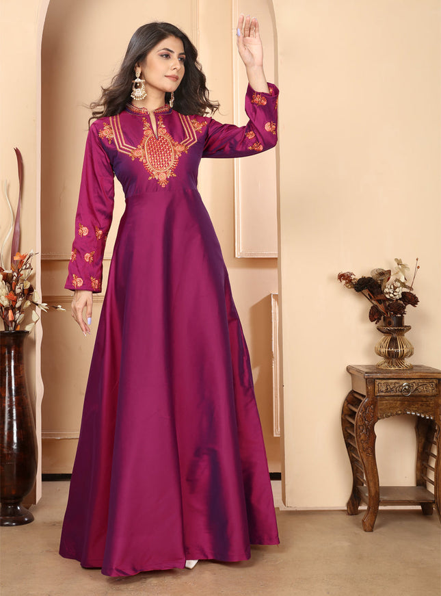 Wine Silk Embroidered Gown For Festival