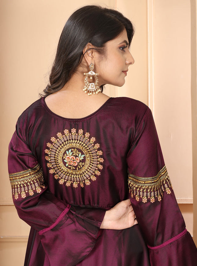 Maroon Silk Embroidered Gown For Festival