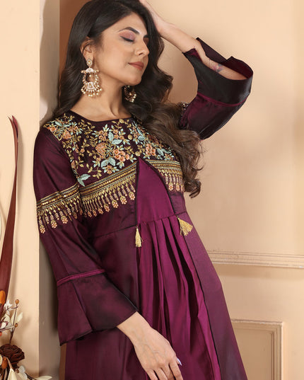 Maroon Silk Embroidered Gown For Festival