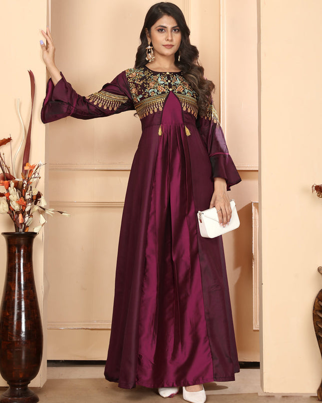 Maroon Silk Embroidered Gown For Festival