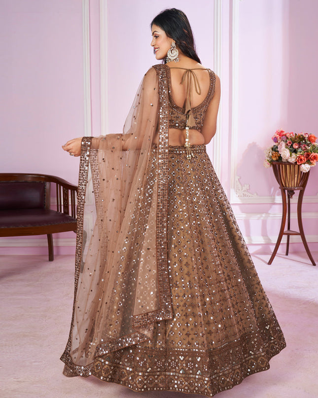Cocoa Brown Net Sequins Embroidered Wedding Lehenga Choli
