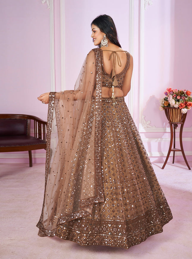 Cocoa Brown Net Sequins Embroidered Wedding Lehenga Choli
