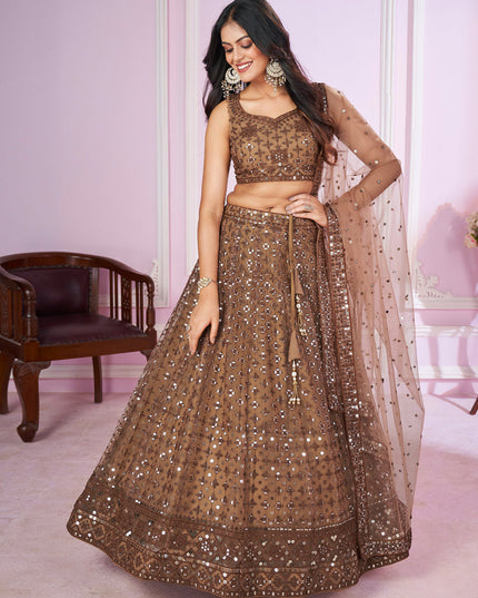 Cocoa Brown Net Sequins Embroidered Wedding Lehenga Choli