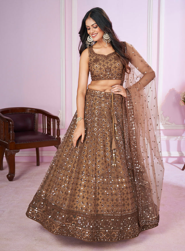 Cocoa Brown Net Sequins Embroidered Wedding Lehenga Choli