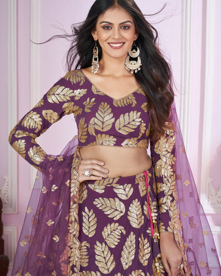 Wine Georgette Sequins Embroidered Wedding Lehenga Choli