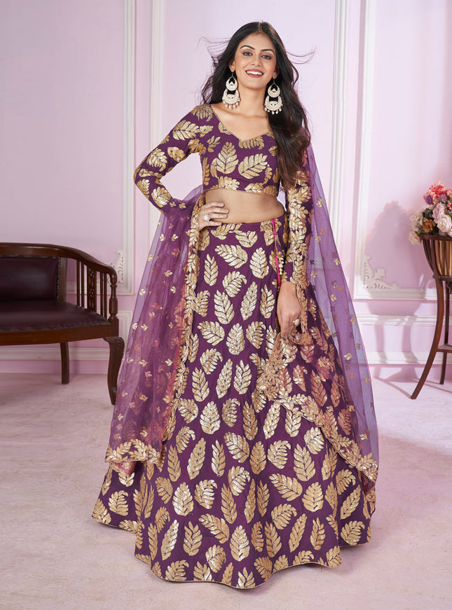 Wine Georgette Sequins Embroidered Wedding Lehenga Choli