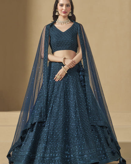 peacock blue sequins georgette embroidered lehenga choli
