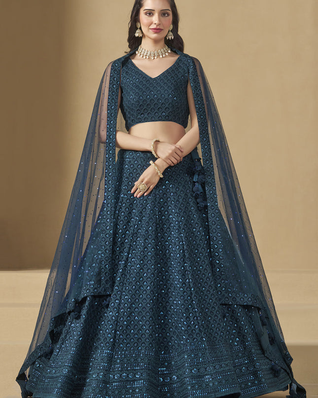 peacock blue sequins georgette embroidered lehenga choli