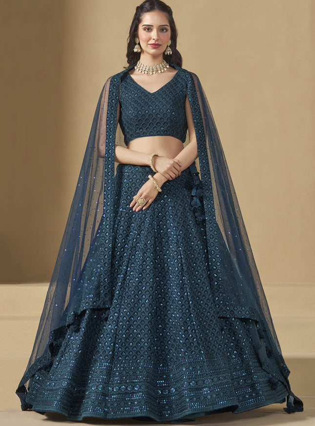 peacock blue sequins georgette embroidered lehenga choli