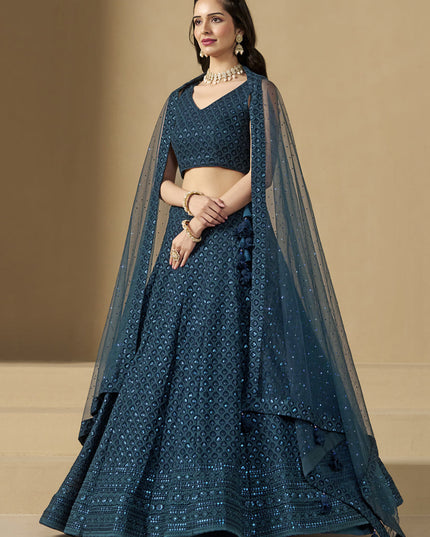peacock blue sequins georgette embroidered lehenga choli