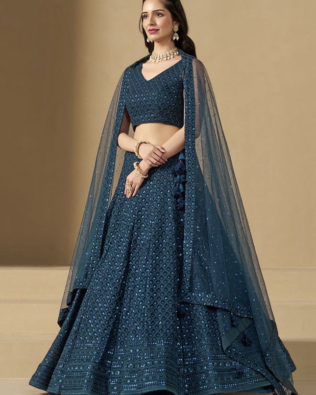 peacock blue sequins georgette embroidered lehenga choli