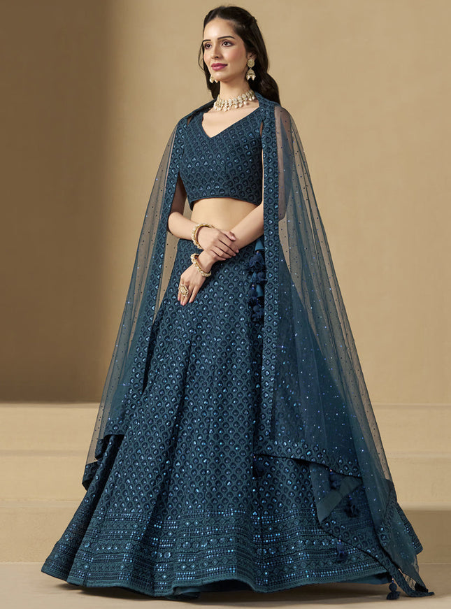peacock blue sequins georgette embroidered lehenga choli