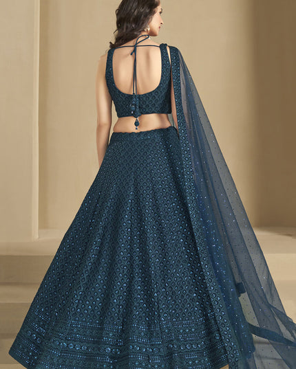 peacock blue sequins georgette embroidered lehenga choli