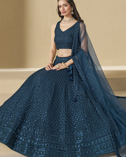 peacock blue sequins georgette embroidered lehenga choli