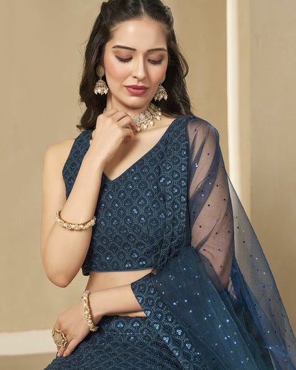 peacock blue sequins georgette embroidered lehenga choli