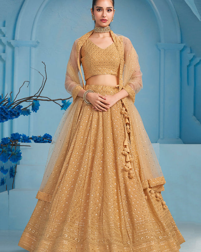 beige embroidered georgette lehenga choli for wedding