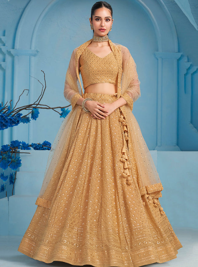 beige embroidered georgette lehenga choli for wedding