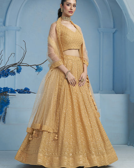 beige embroidered georgette lehenga choli for wedding