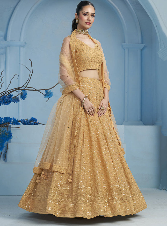 beige embroidered georgette lehenga choli for wedding