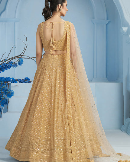 beige embroidered georgette lehenga choli for wedding