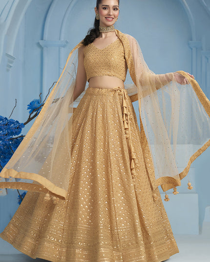 beige embroidered georgette lehenga choli for wedding