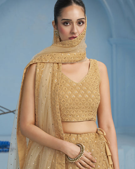 beige embroidered georgette lehenga choli for wedding